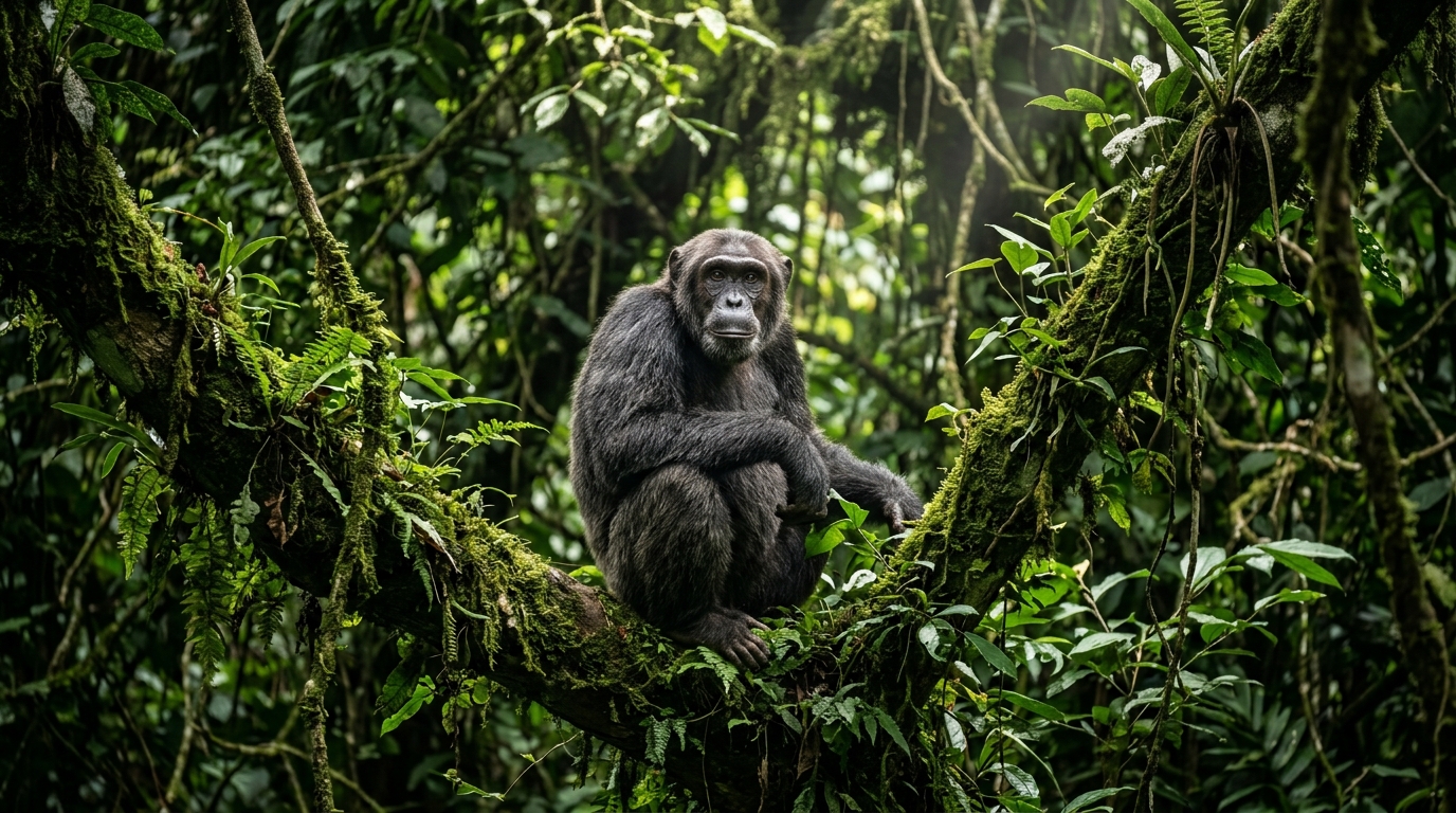 Wild Chimpanzee in Kibale Forest Canopy